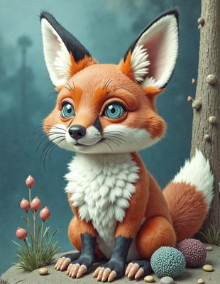 The primary subject of the image is a cute, anthropomorphic fox sitting on a rock. The fox has a white and orange color scheme, and it appears to be smiling. The setting is outdoors, with a tree in the background. The visual style is a digital art illustration, giving the image a whimsical and charming appearance. The colors and mood are warm and inviting, with the fox's smile conveying a sense of happiness and friendliness.
